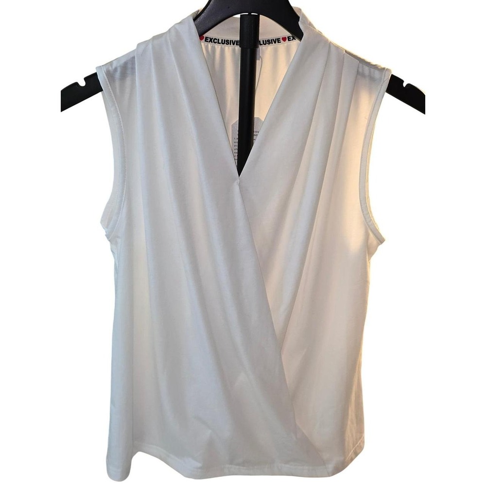White Sleeveless Surplice Crossover V-Neck Draped Tank Top M Going Out Layer
